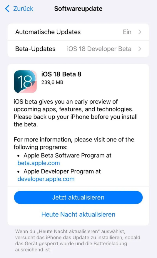 自贡苹果手机维修分享苹果 iOS / iPadOS 18 开发者预览版 Beta 8 发布 